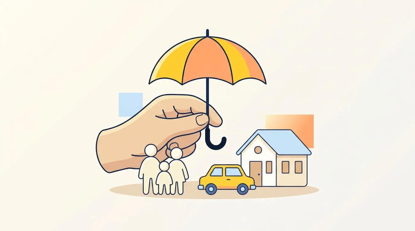 Main prot&eacute;geant famille, voiture et maison avec parapluie