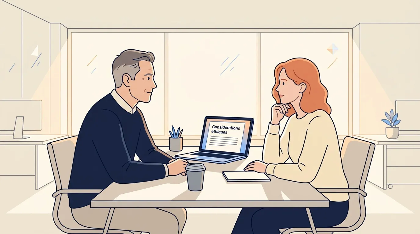 Deux professionnels discutent devant un ordinateur portable en bureau moderne