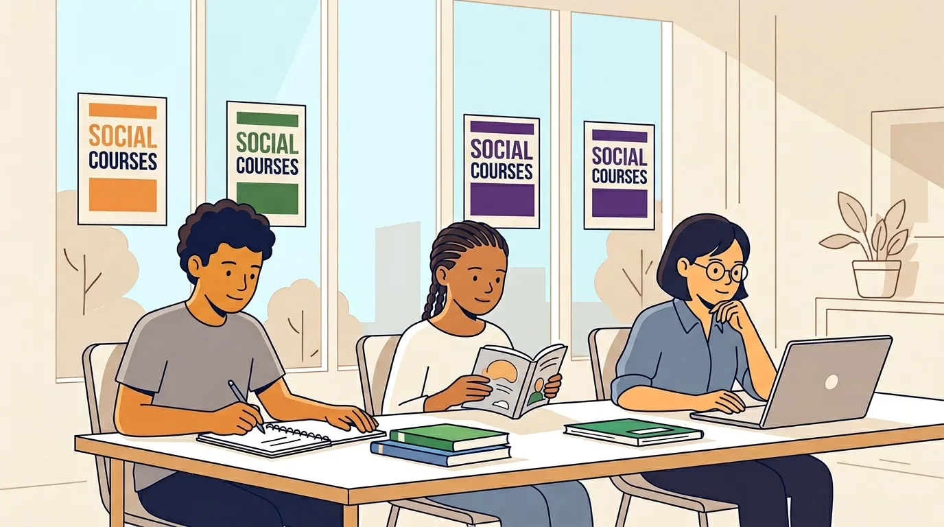 Trois &eacute;tudiants &eacute;tudient ensemble dans une salle lumineuse