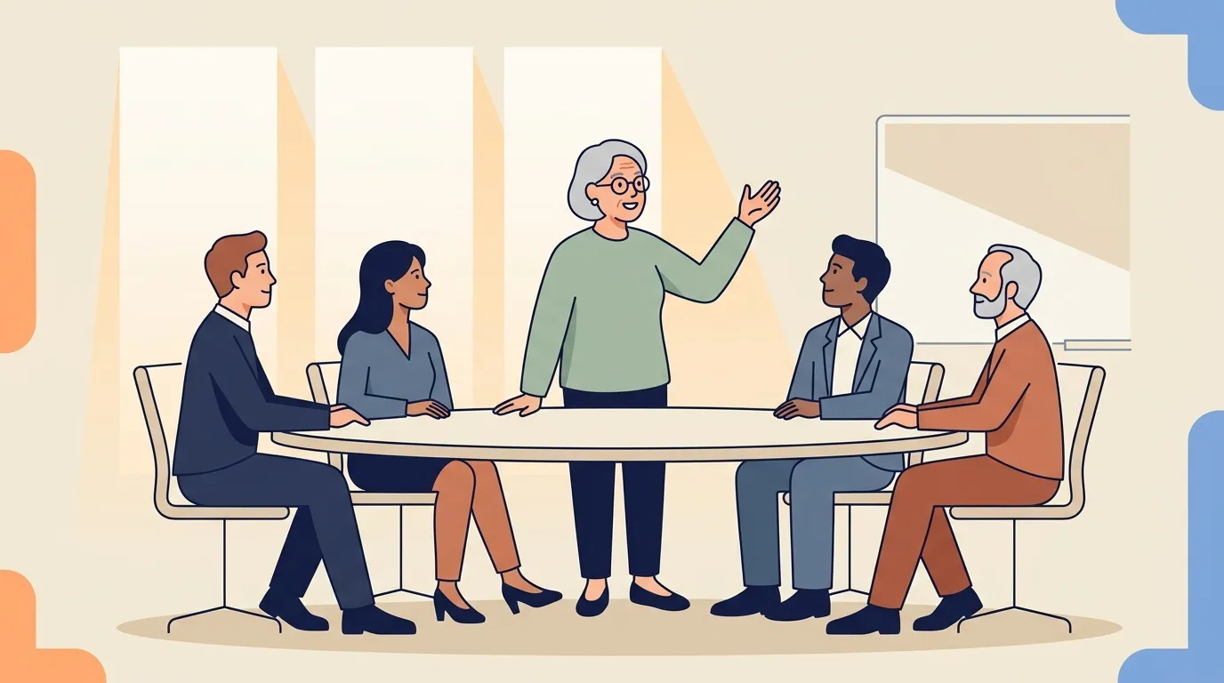 Cinq professionnels autour d'une table ronde discutent ensemble