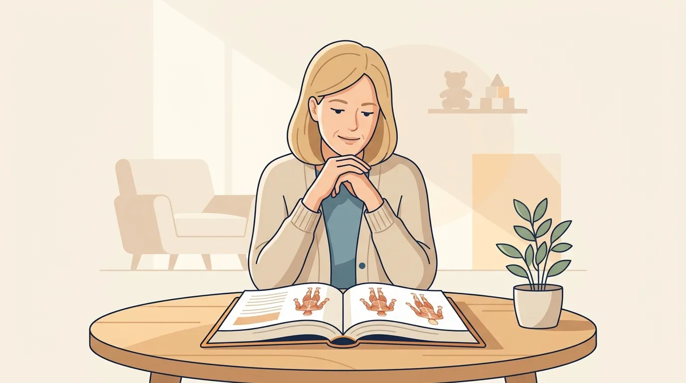 Femme assise &agrave; table feuilletant un livre avec illustrations