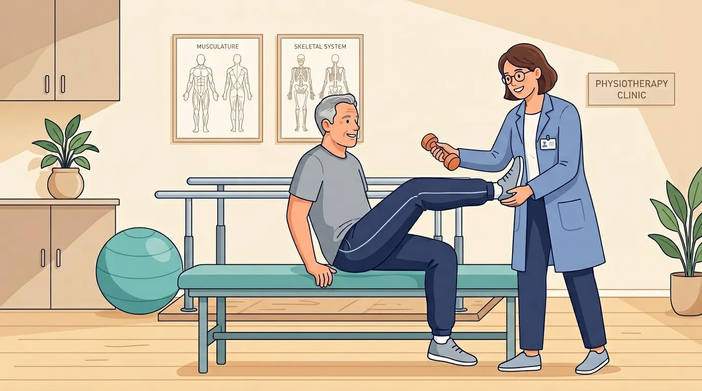 Physioth&eacute;rapeute guidant un patient lors d'exercices de r&eacute;&eacute;ducation