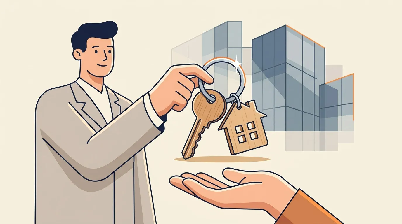 Agent immobilier donnant une cl&eacute; de maison &agrave; un client