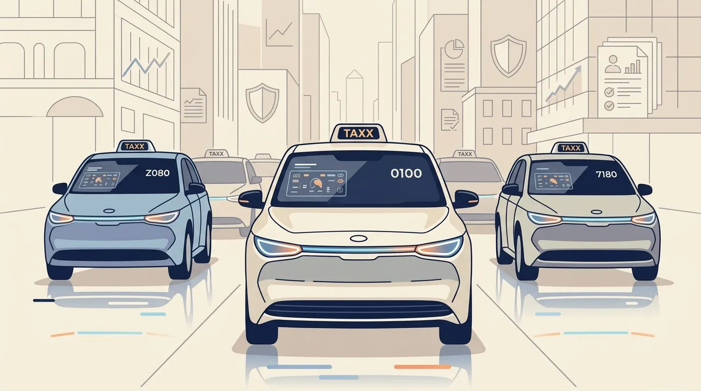 Trois taxis num&eacute;rot&eacute;s avec tableau de bord dans une rue de ville