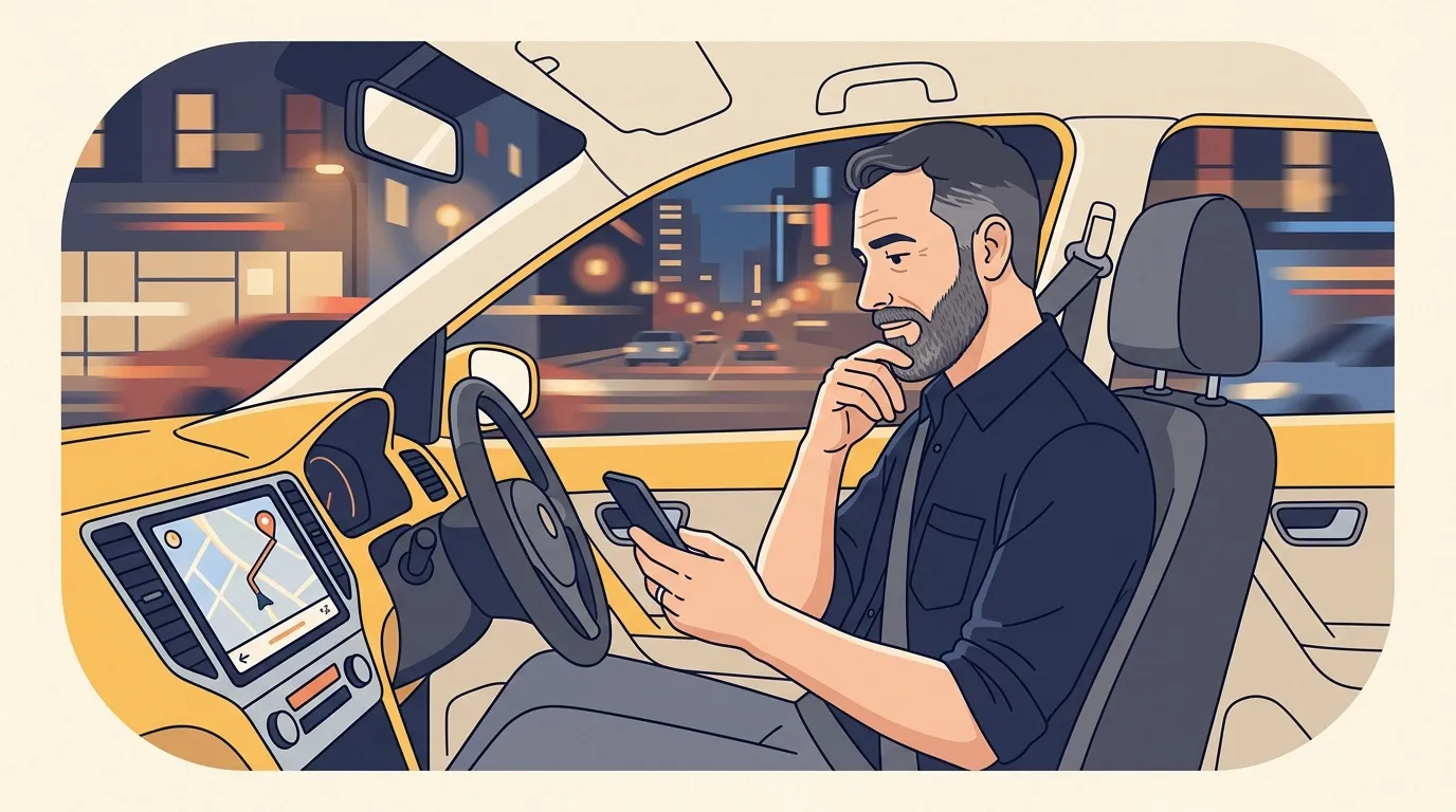 Homme dans un taxi jaune consultant son t&eacute;l&eacute;phone intelligent