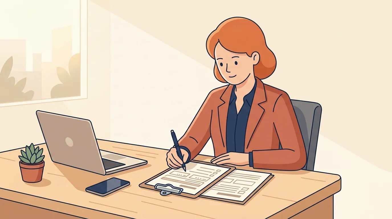 Femme en blazer orange travaille à son bureau avec laptop