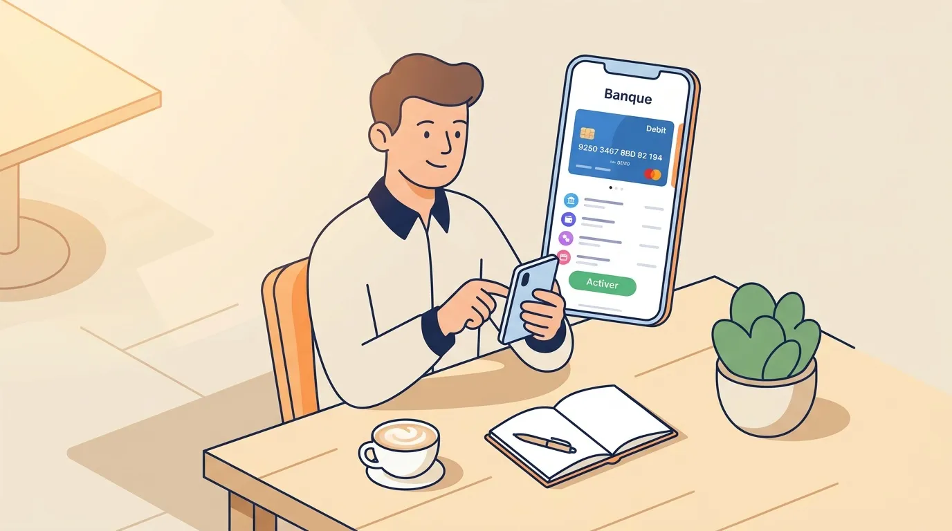 Homme activant sa carte bancaire via application mobile