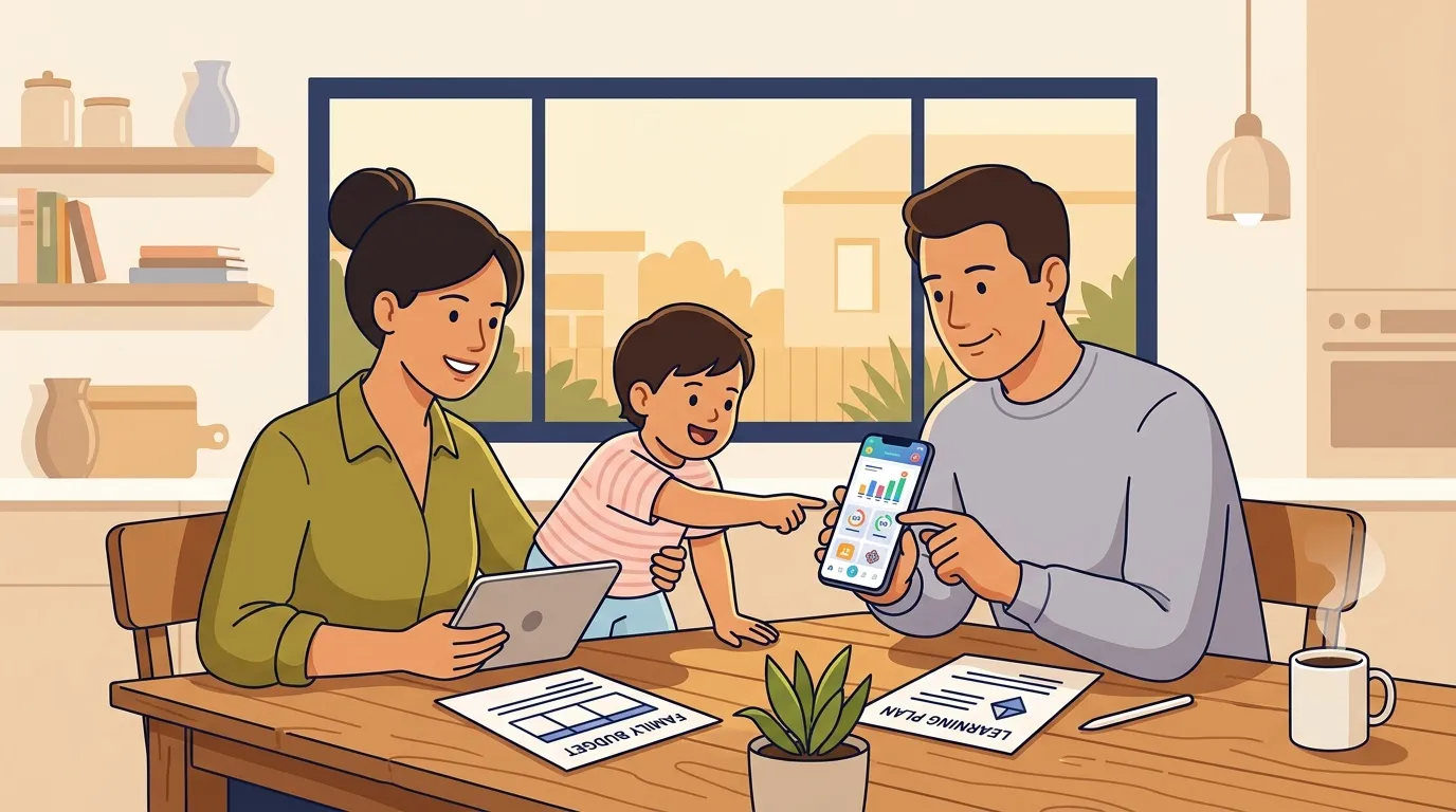 Famille consultant documents financiers sur tablette et smartphone
