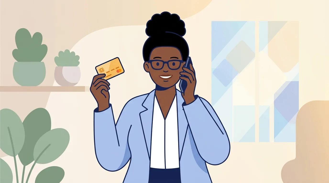 Femme d'affaires souriante tenant une carte de cr&eacute;dit au t&eacute;l&eacute;phone