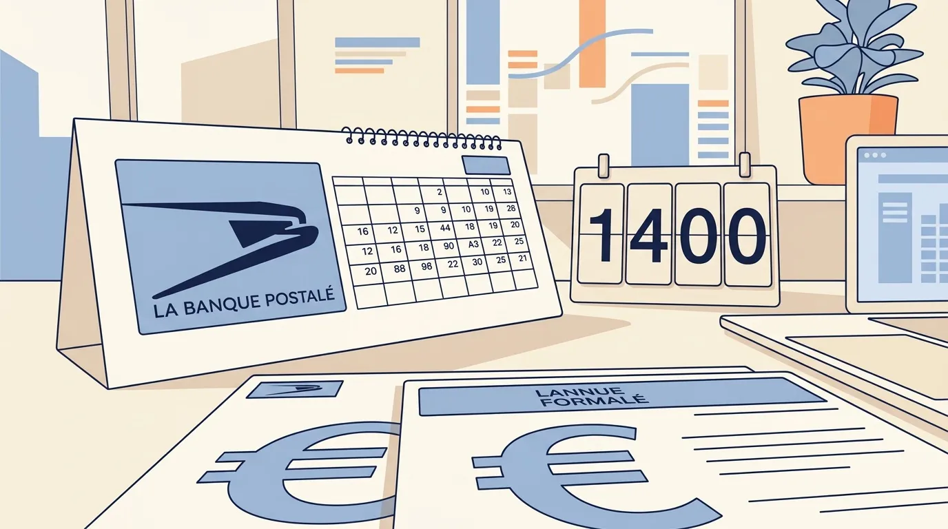 Bureau avec calendrier, num&eacute;roteur et documents bancaires La Banque Postale