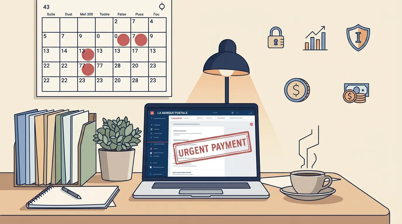 Bureau avec ordinateur affichant faux paiement urgent bancaire