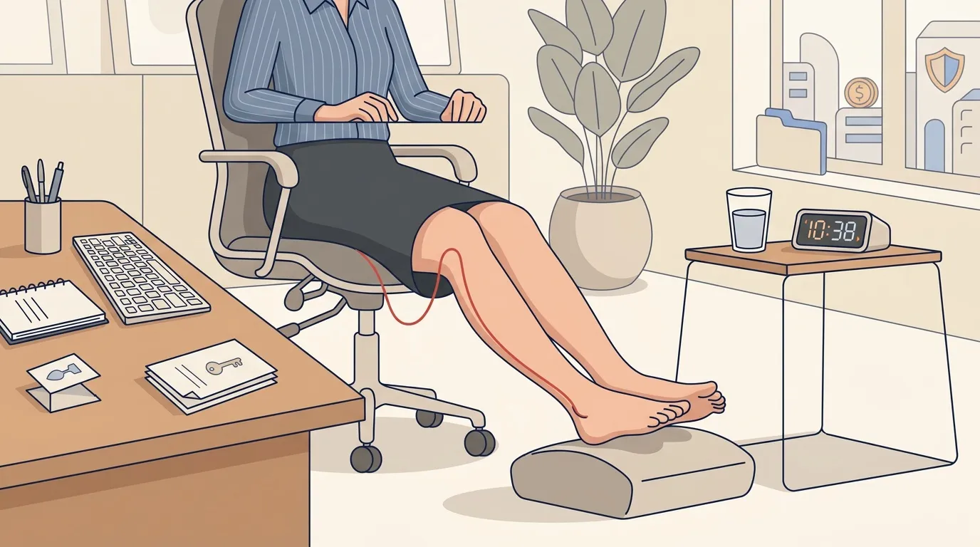 Femme au bureau avec repose-pieds, posture ergonomique correcte
