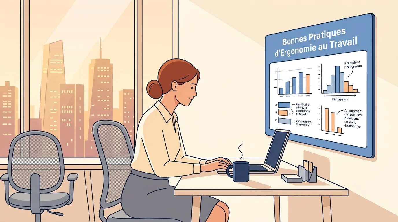 Femme travaillant &agrave; son bureau avec guide ergonomique affich&eacute;