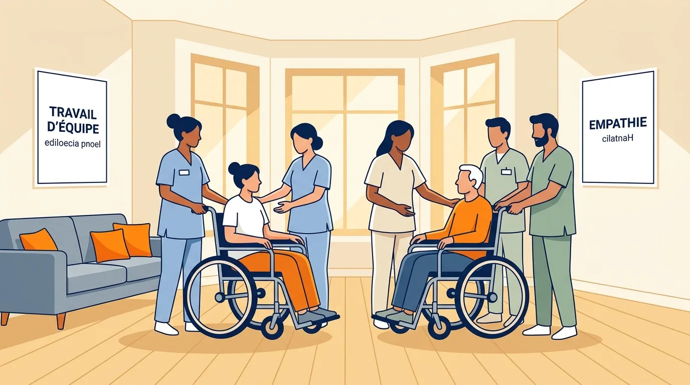 Professionnels de santé accompagnant patients en fauteuil roulant
