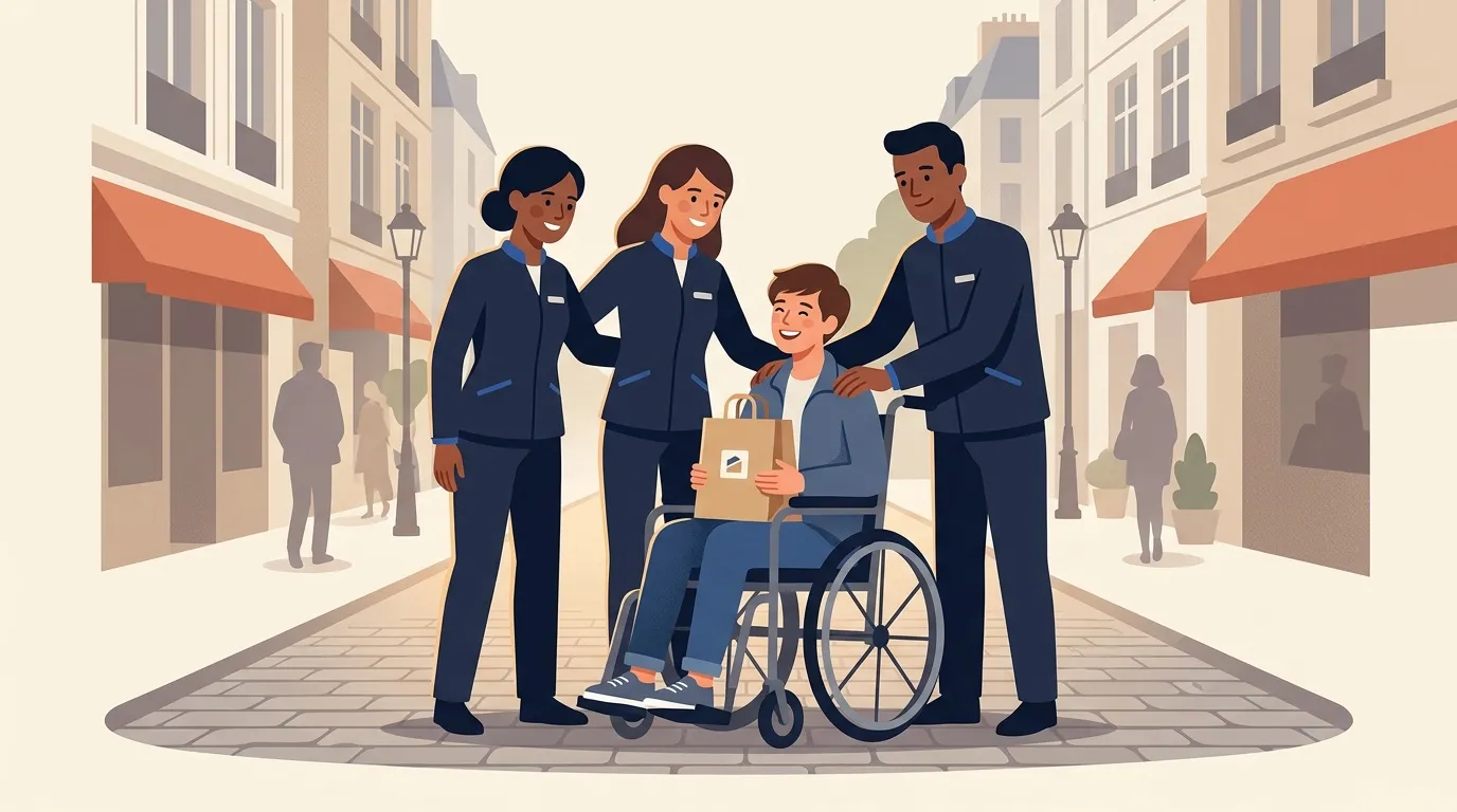 Équipe de livraison souriante avec client en fauteuil roulant