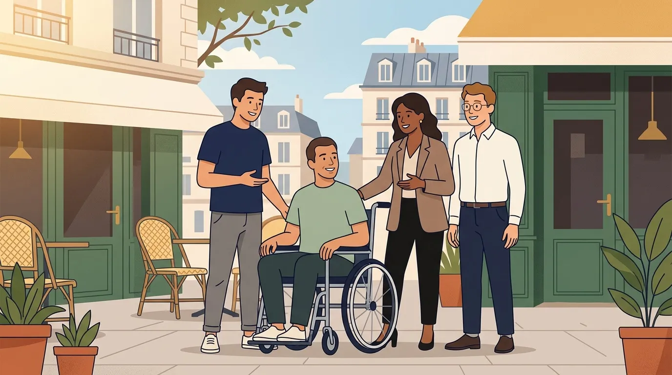 Groupe diverse avec personne en fauteuil roulant en terrasse
