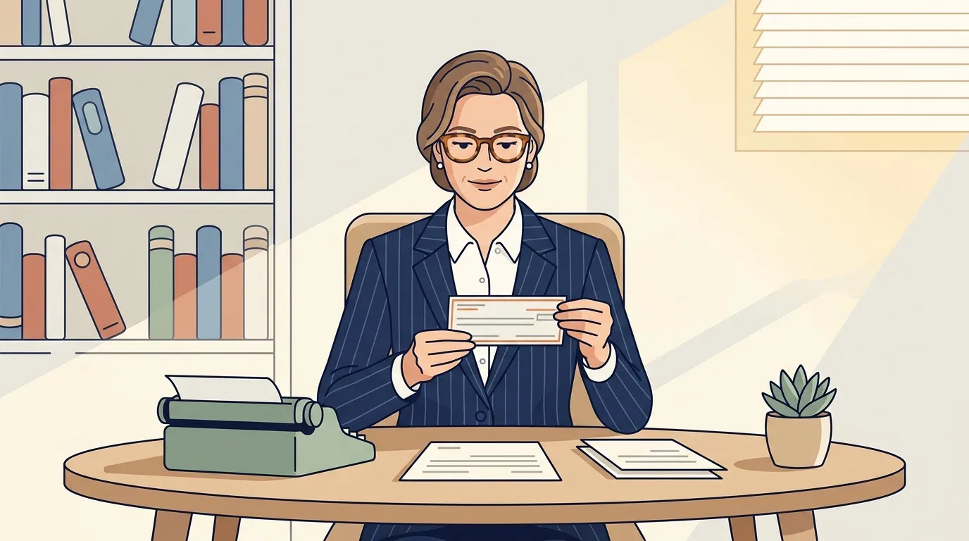 Femme en costume lisant un ch&egrave;que &agrave; son bureau