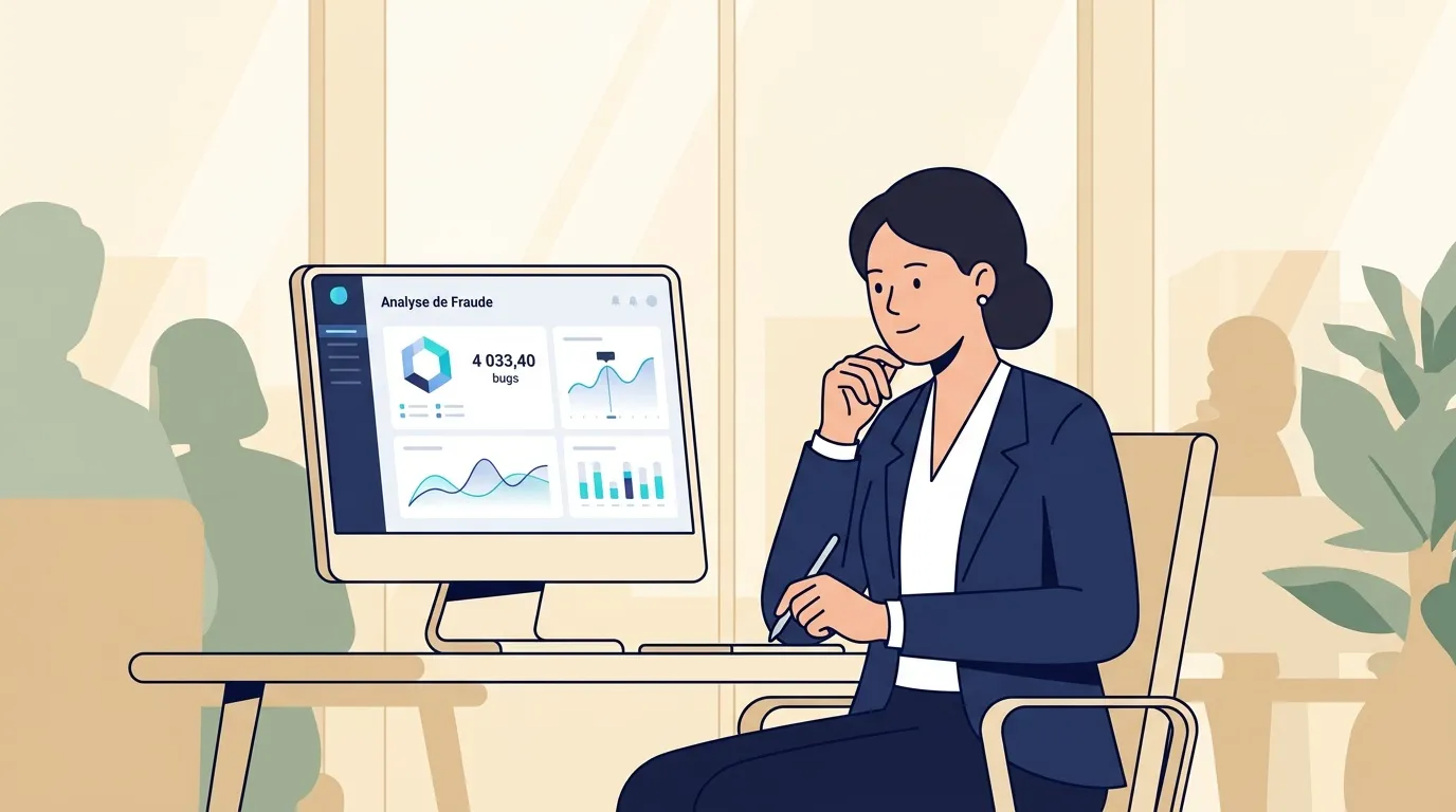 Femme analyste examine donn&eacute;es fraude sur &eacute;cran ordinateur