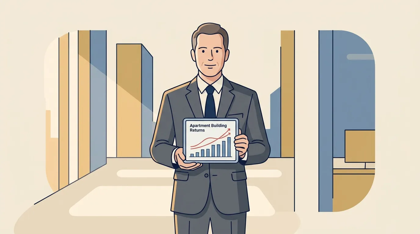 Homme d'affaires pr&eacute;sentant graphique rendements immeubles