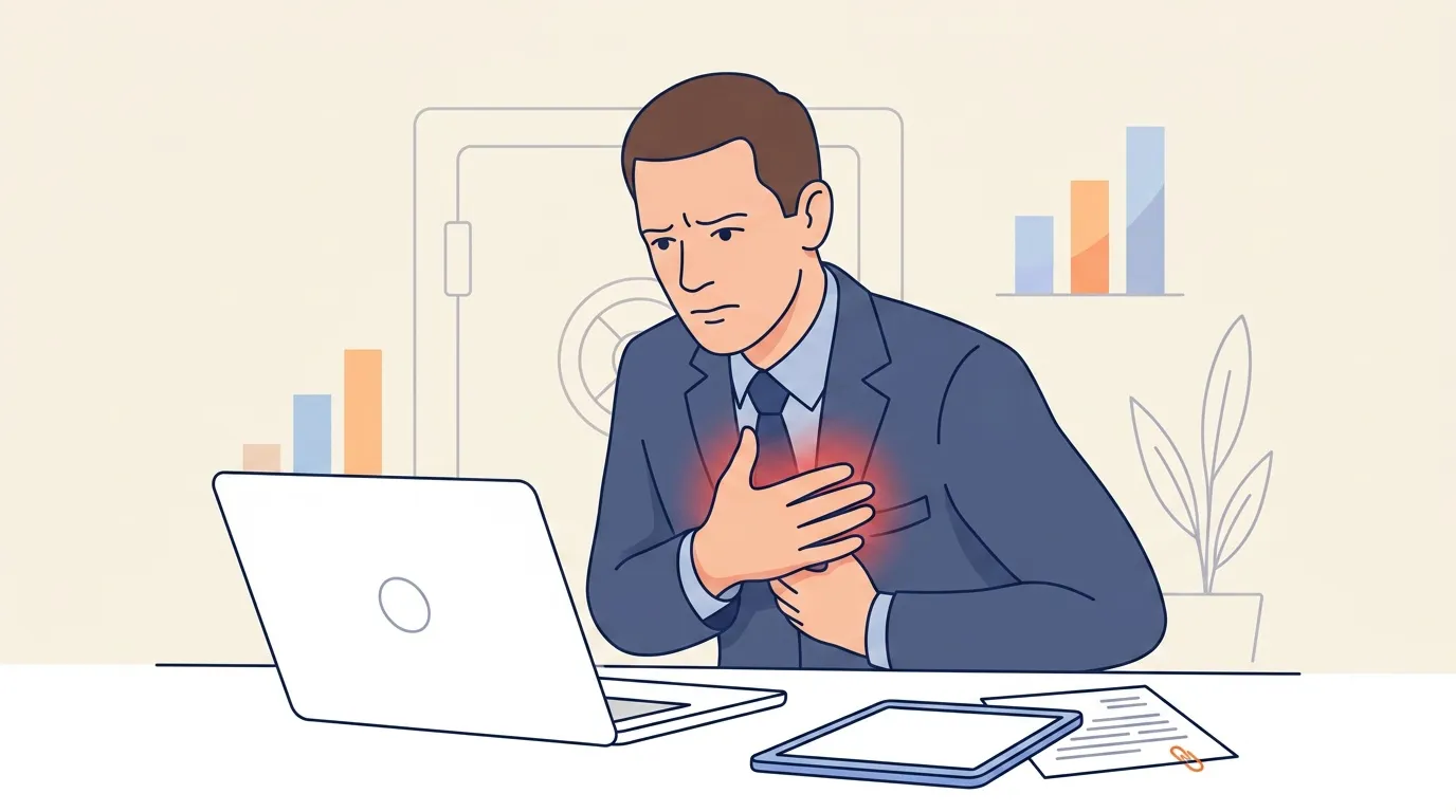 Homme en costume tenant sa poitrine, douleur cardiaque au travail