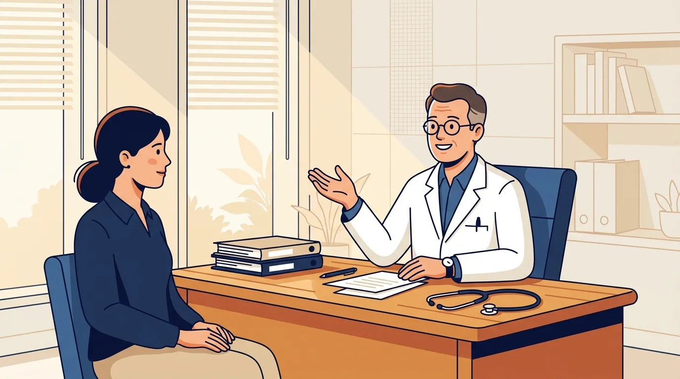 Médecin en blouse blanche consulte une patiente à son bureau