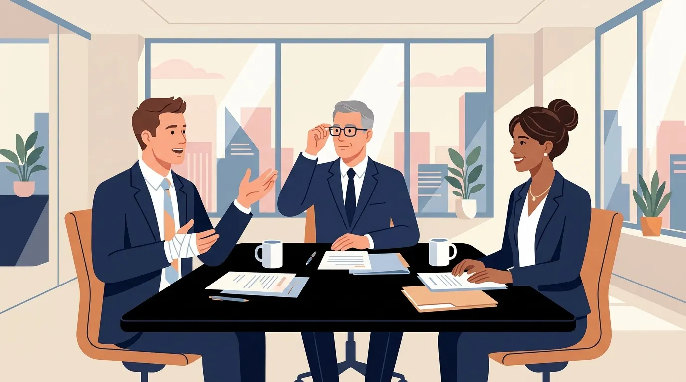 Trois professionnels discutent autour d'une table dans un bureau