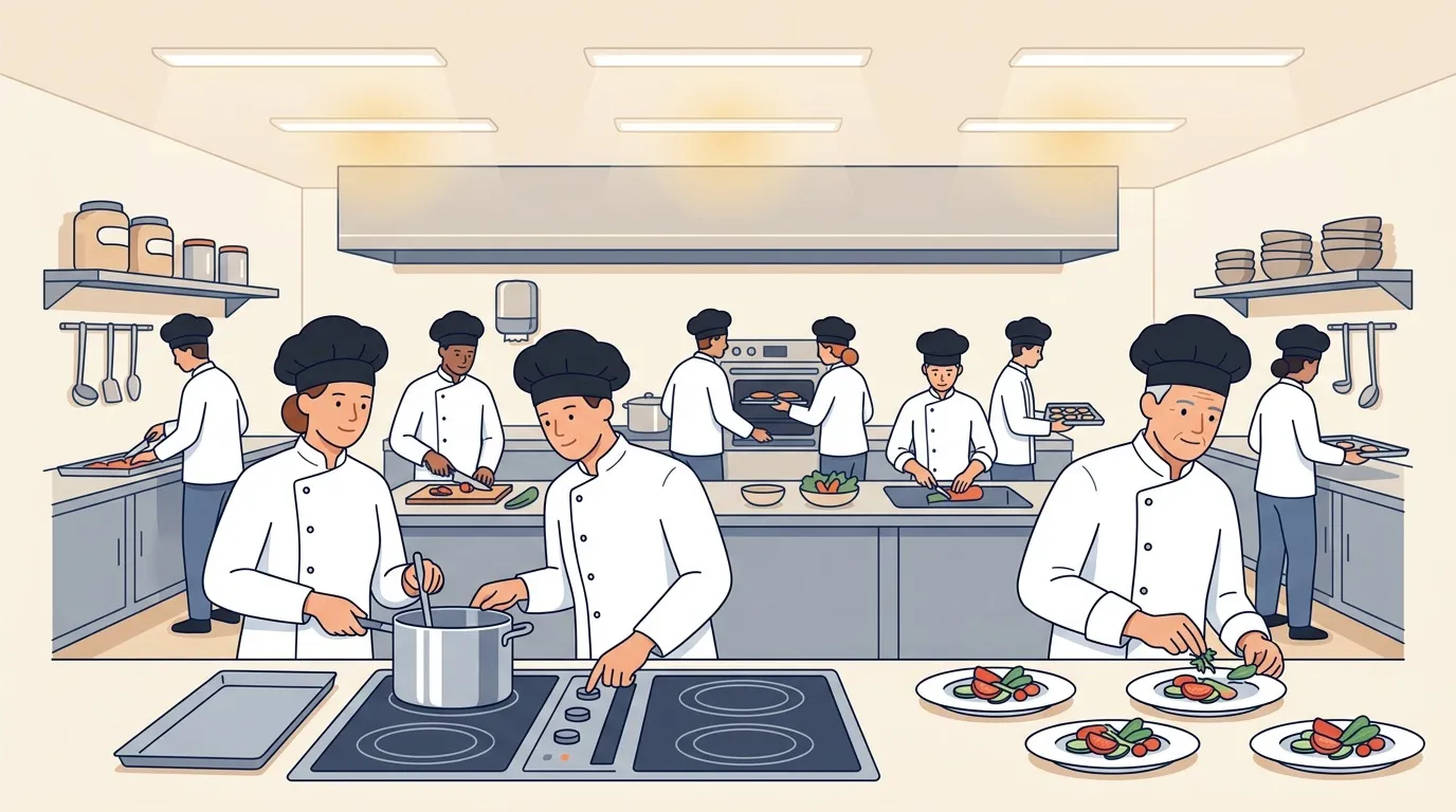 Plusieurs chefs cuisinent ensemble dans une cuisine moderne équipée