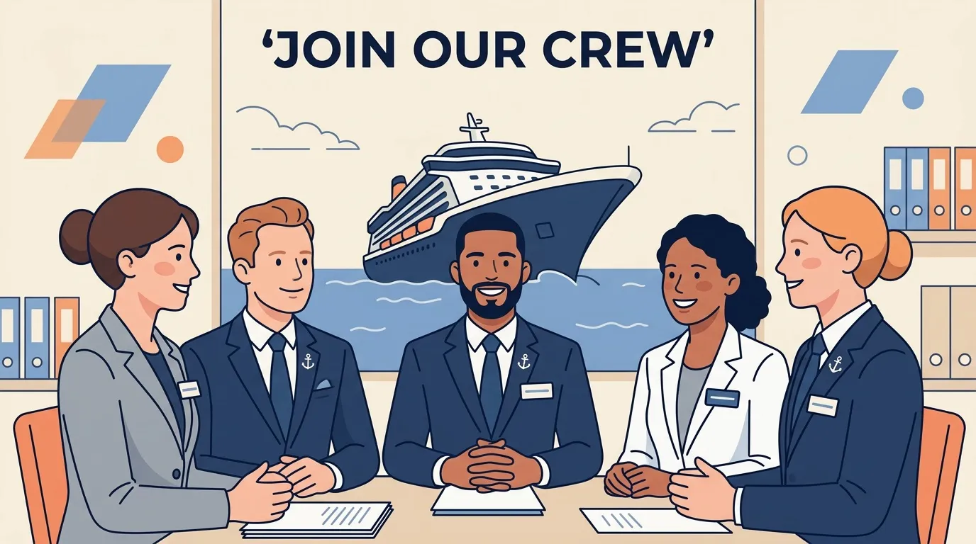 Équipe diverse en uniforme présentant une offre d'emploi maritime