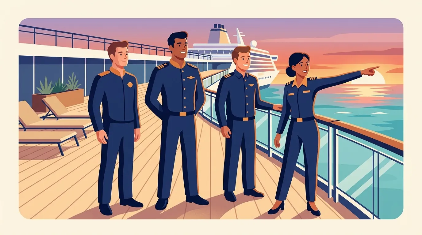 Quatre membres d'équipage en uniforme bleu sur un navire de croisière