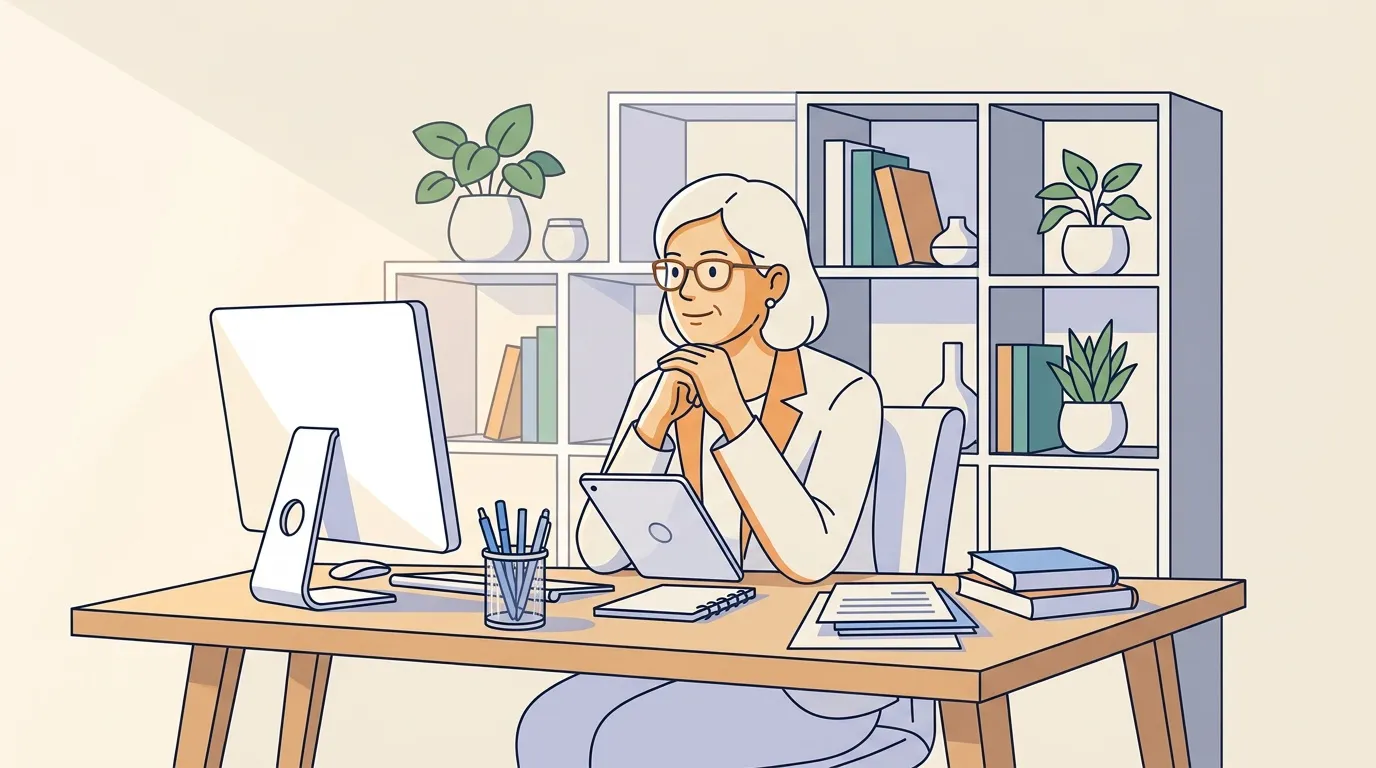 Femme âgée travaille sur tablette au bureau avec plantes