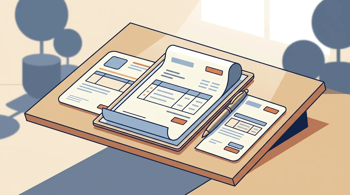 Documents et plans sur table de travail avec outils de gestion