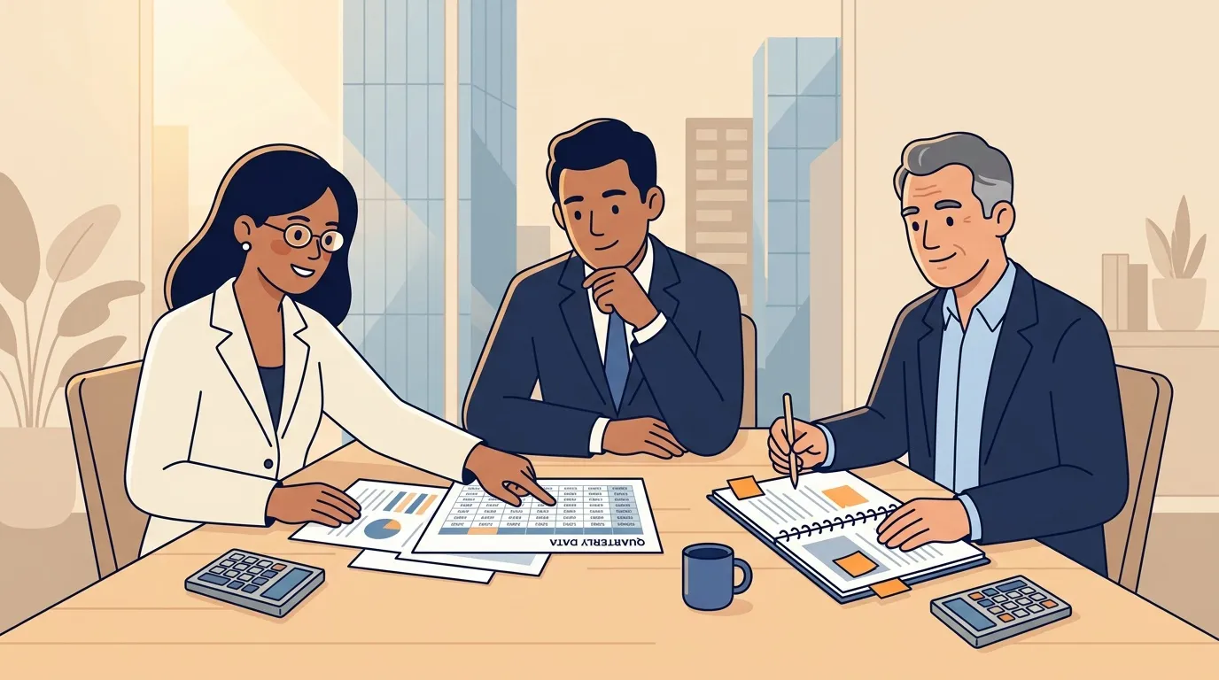 Trois professionnels discutent autour d'une table de travail.