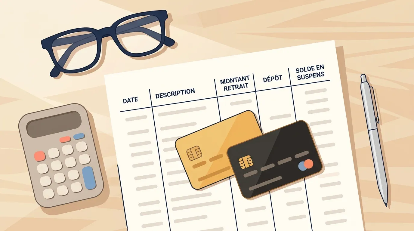 Tableau de suivi finances avec cartes bancaires et calculatrice