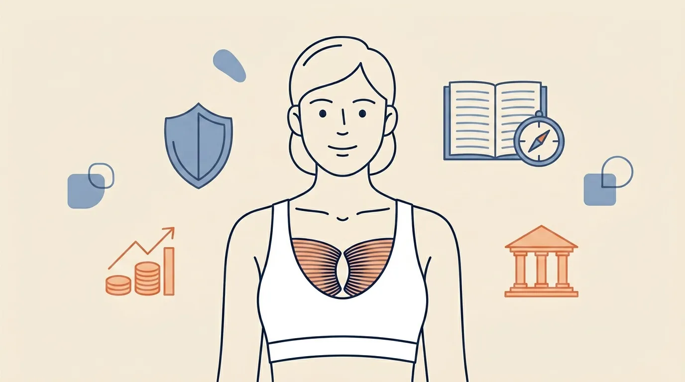 Femme entour&eacute;e d'ic&ocirc;nes repr&eacute;sentant la finance, la s&eacute;curit&eacute; et l'&eacute;ducation