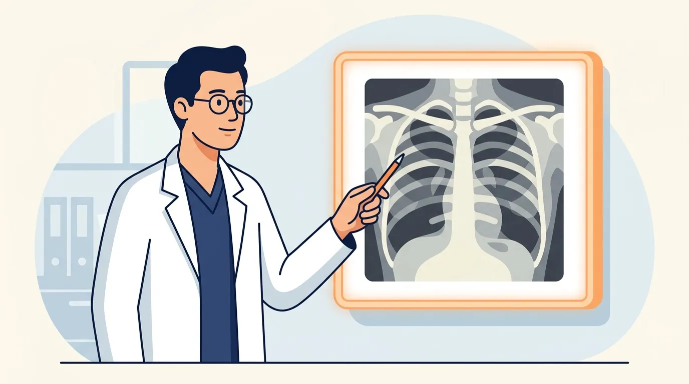 Docteur pointant une radiographie pulmonaire sur &eacute;cran