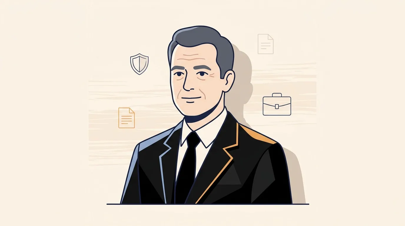 Homme d'affaires en costume noir avec symboles de protection et documents