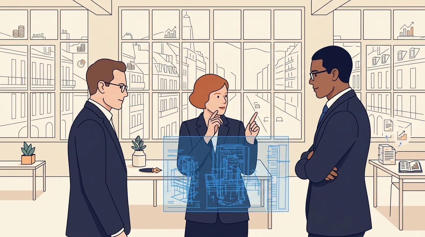 Trois professionnels discutent de plans de bâtiments en bureau moderne