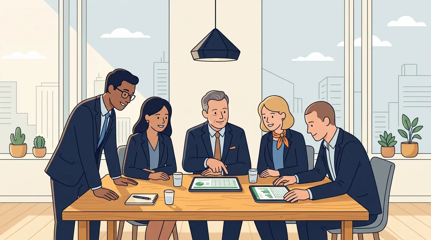 Cinq professionnels en réunion autour d'une table avec tablettes