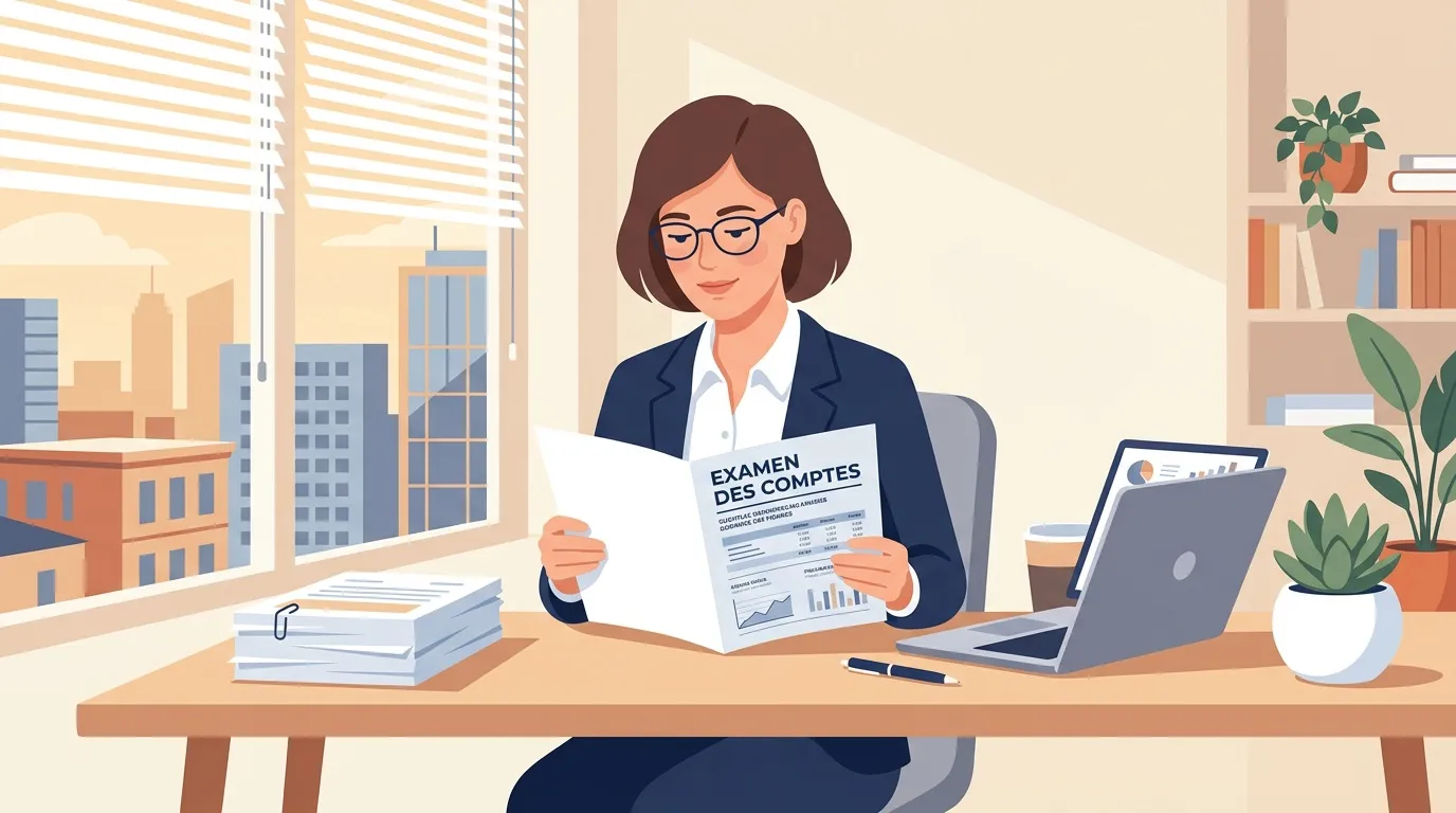 Femme en costume lisant un document financier au bureau