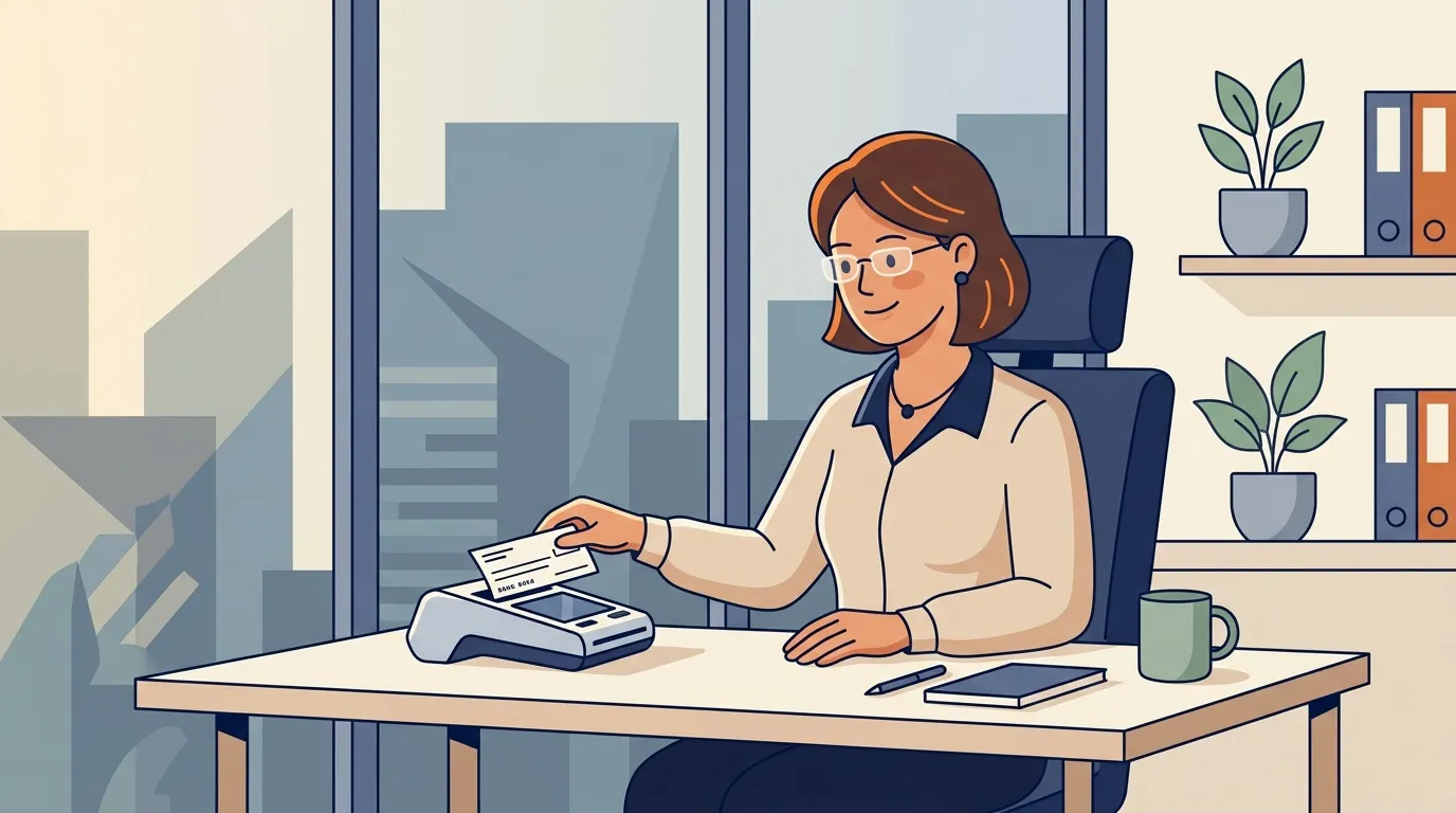 Femme au bureau paie avec une carte bancaire