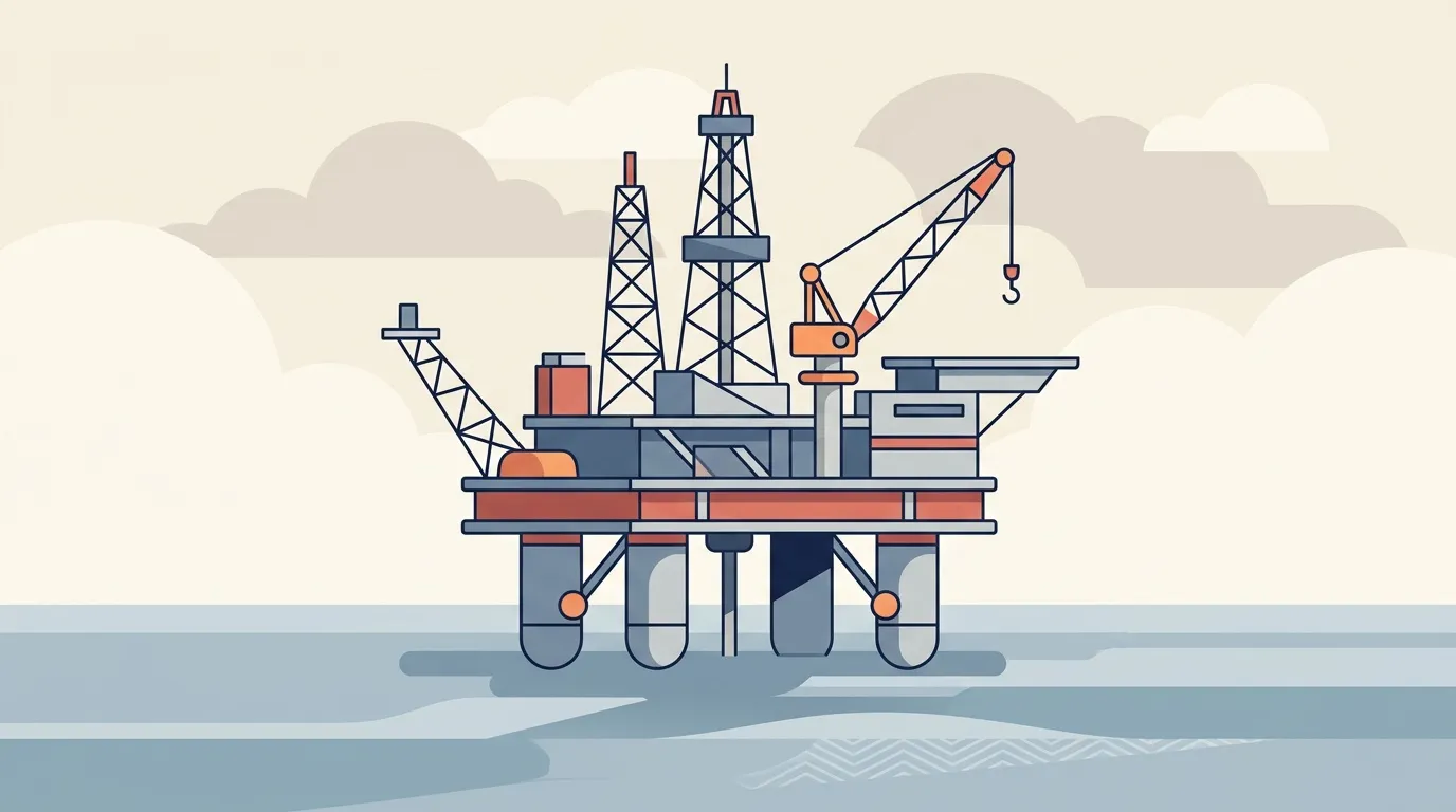 Illustration d'une plateforme pétrolière offshore avec grues et structures métalliques