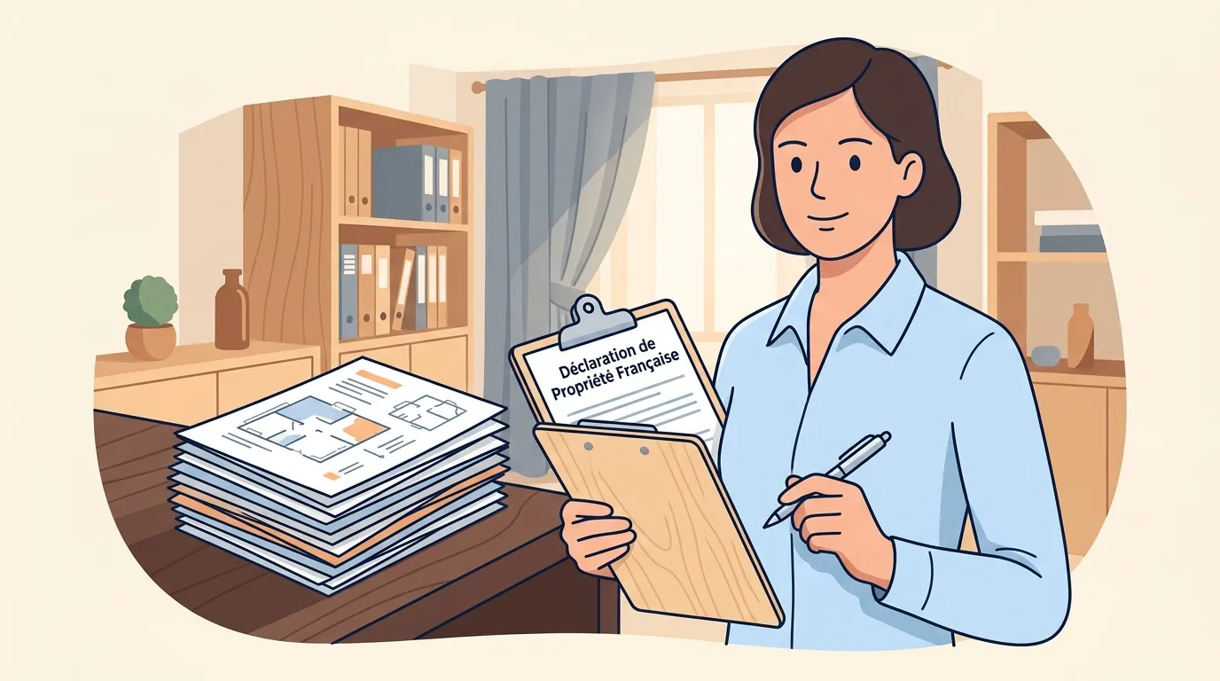 Femme tenant un dossier avec d&eacute;claration de propri&eacute;t&eacute; fran&ccedil;aise