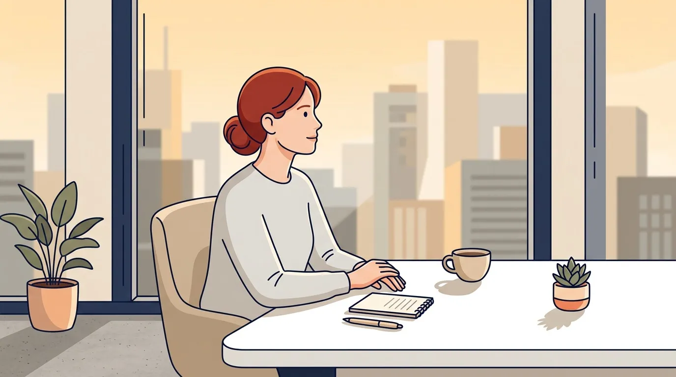 Femme assise &agrave; un bureau avec vue sur la ville