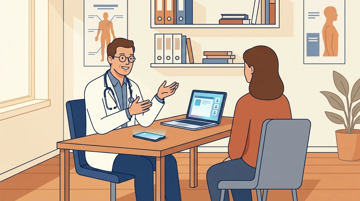 Médecin en consultation avec une patiente devant un ordinateur portable