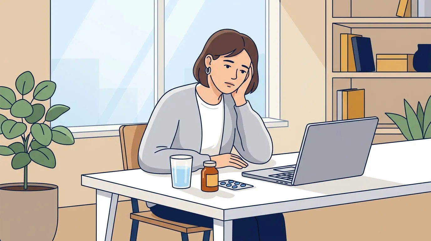 Femme à son bureau avec médicaments et verre d'eau