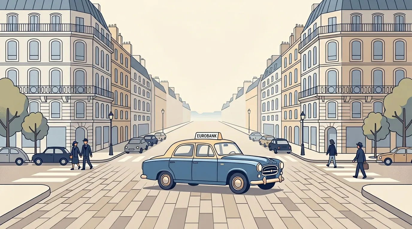 Taxi bleu vintage dans une rue parisienne haussmannienne