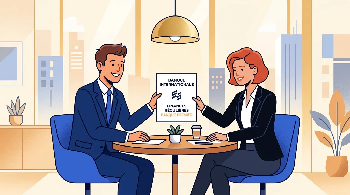 Deux professionnels discutent services bancaires en bureau moderne