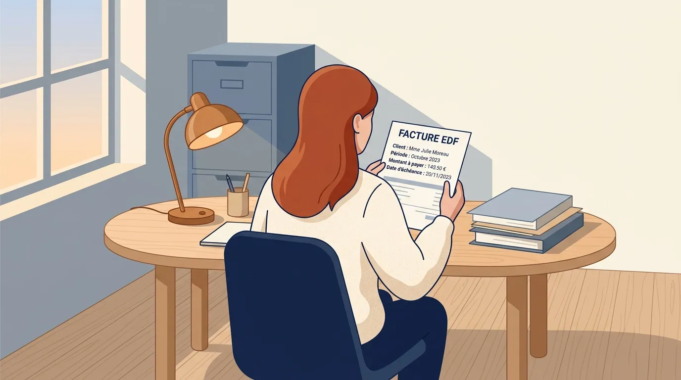 Femme à son bureau examinant une facture d'électricité EDF