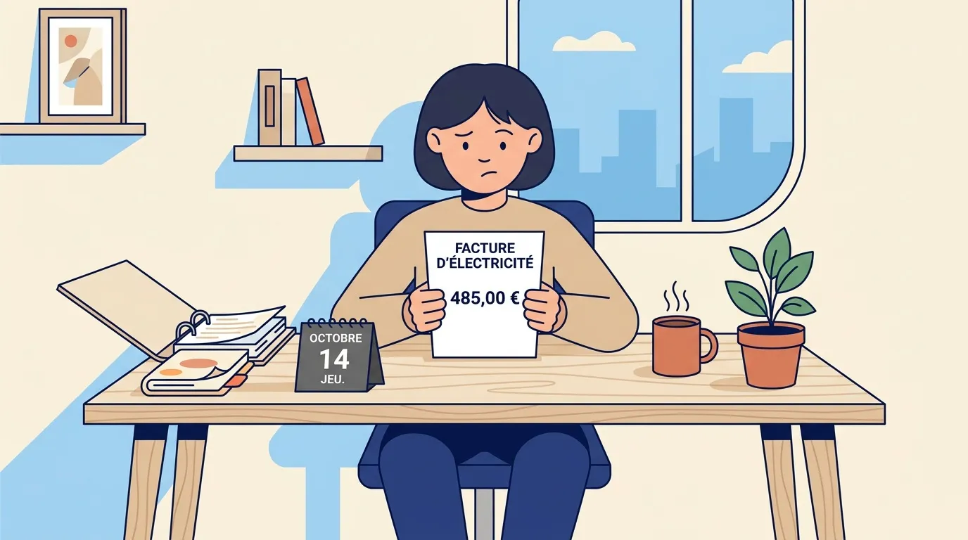 Femme découvrant une facture d'électricité de 485 euros à son bureau