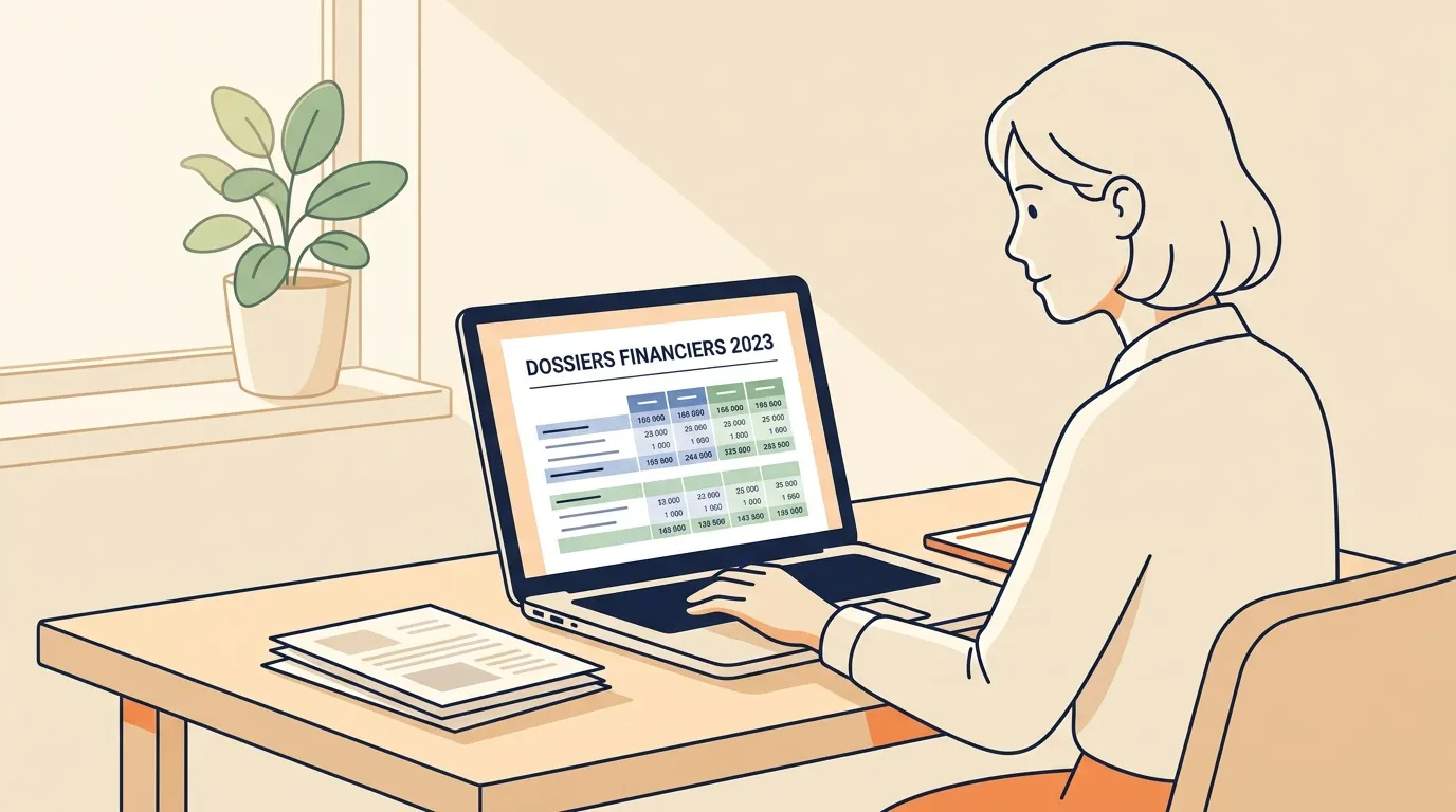 Femme travaillant sur ordinateur portable avec données financières affichées